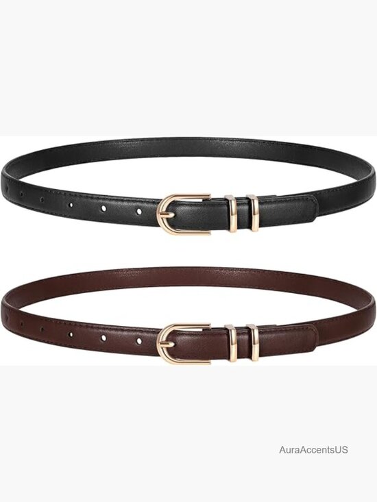 2 Pack Women Skinny Faux Leather Belts with Gold Buckle for Jeans Pants main image 4